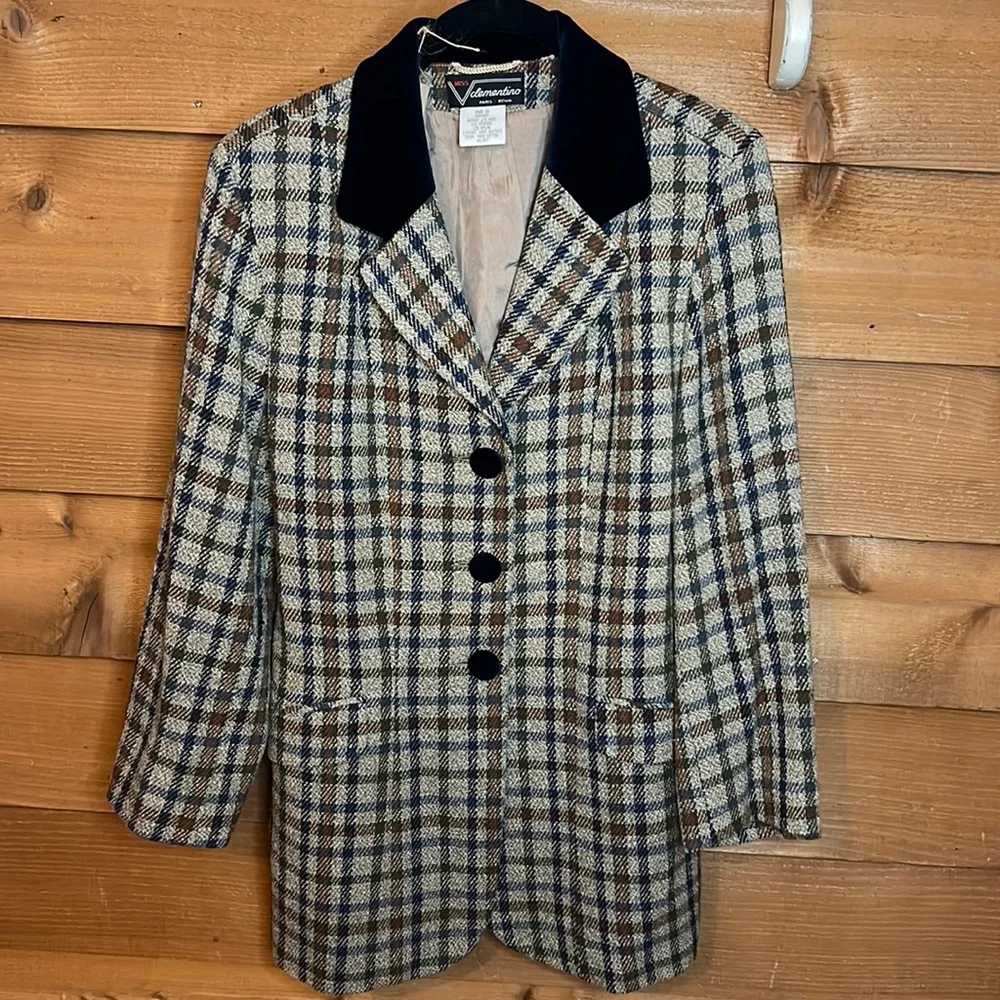 Miss V Clementino German Velvet Wool Plaid vintage Blazer Jacket Academia Paris - Picture 2 of 11